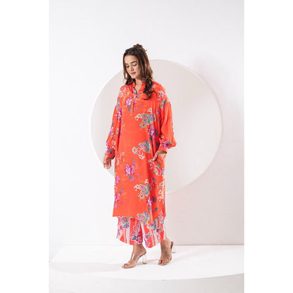 Ekavira Kanak Orange Floral Print Kurta and Pant (Set of 2)