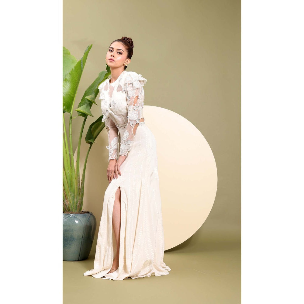 EK Soot White Embroidered Top with Skirt (Set of 2)