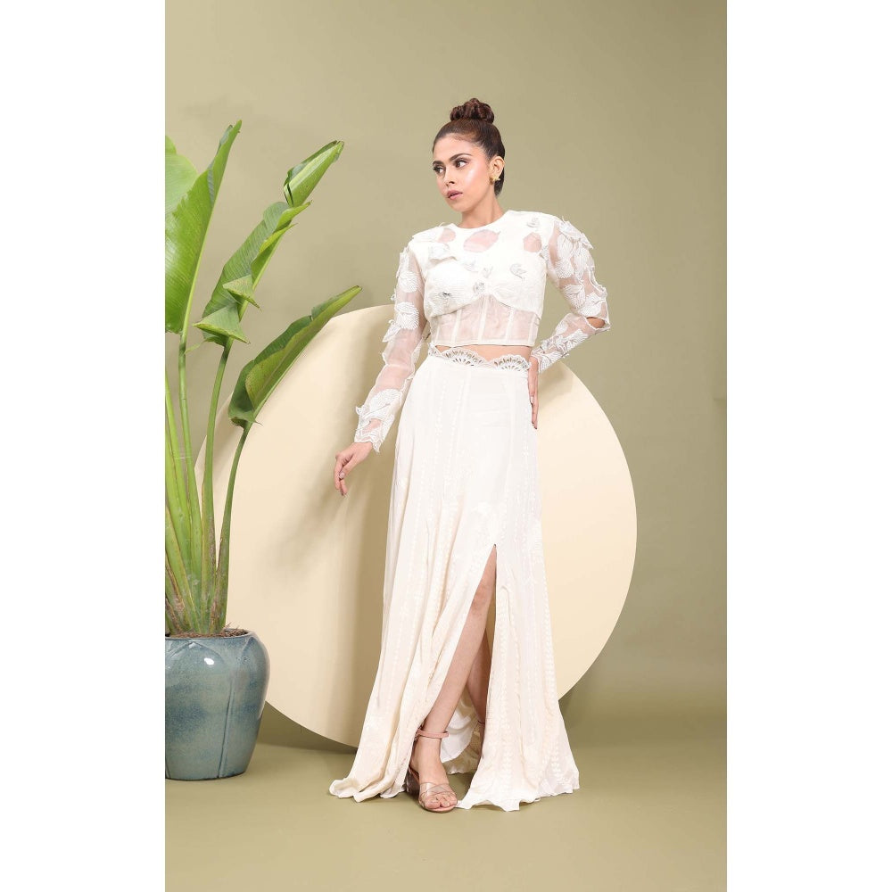 EK Soot White Embroidered Top with Skirt (Set of 2)