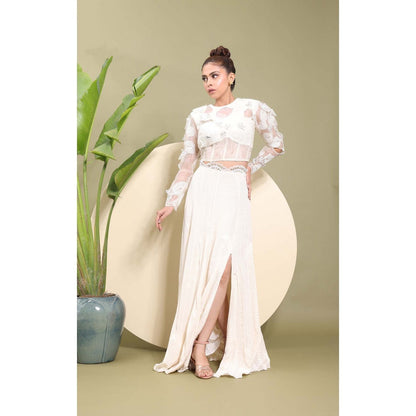 EK Soot White Embroidered Top with Skirt (Set of 2)
