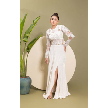 EK Soot White Embroidered Top with Skirt (Set of 2)