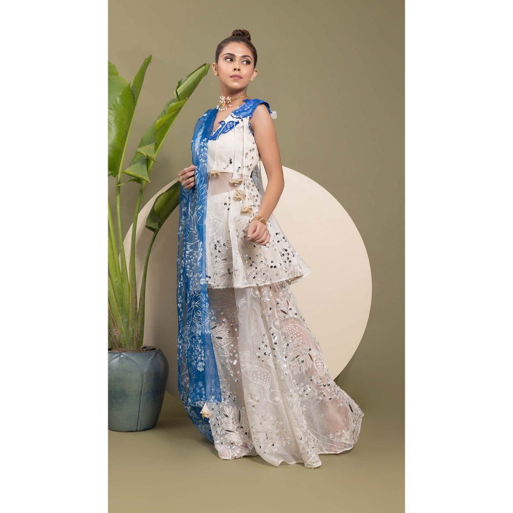 EK Soot White Embroidered Kurta with Sharara and Dupatta (Set of 3)