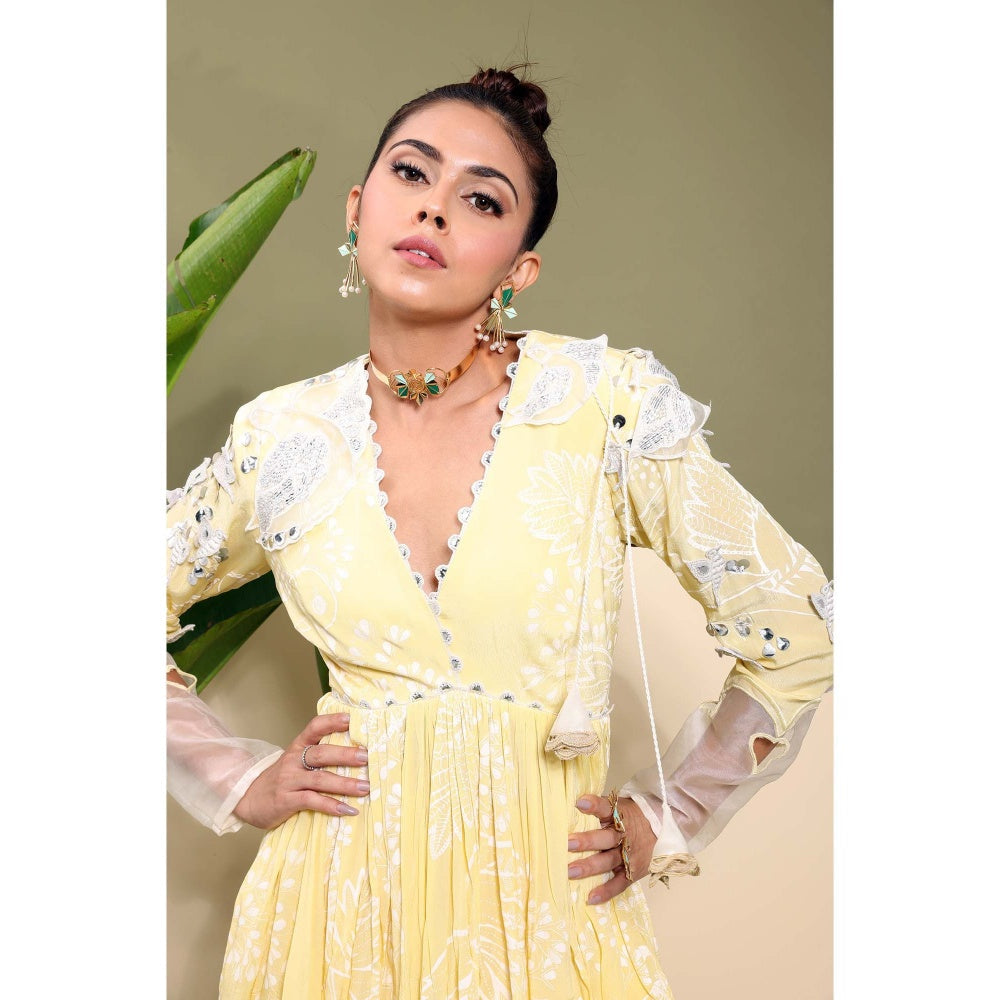 EK Soot Yellow Embroidered Kurta with Sharara and Dupatta (Set of 3)
