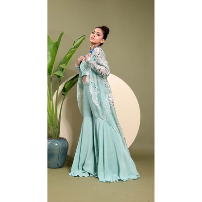 EK Soot Sea Green Embroidered Bustier with Sharara and Jacket (Set of 3)