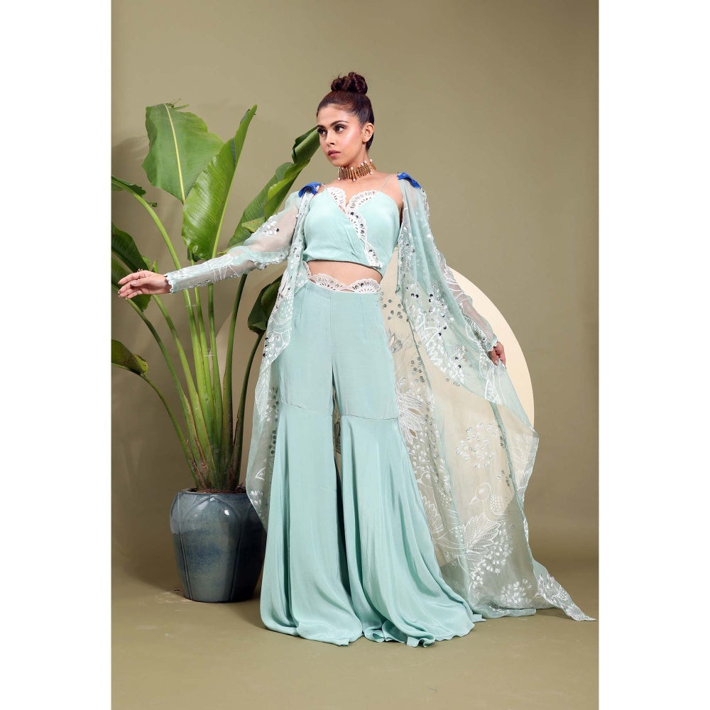 EK Soot Sea Green Embroidered Bustier with Sharara and Jacket (Set of 3)