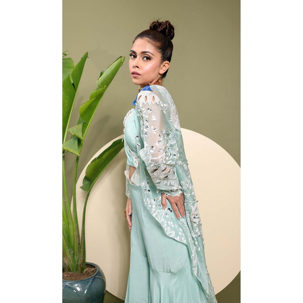 EK Soot Sea Green Embroidered Bustier with Sharara and Jacket (Set of 3)