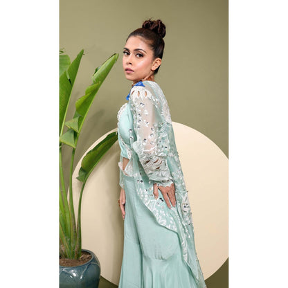 EK Soot Sea Green Embroidered Bustier with Sharara and Jacket (Set of 3)