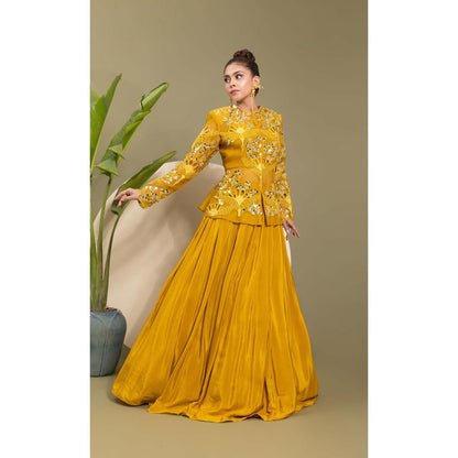 EK Soot Mustard Honey Gold Embroidered Bustier with Lehenga and Jacket (Set of 3)