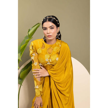 EK Soot Mustard Honey Gold Saree with Belt and Stitched Blouse