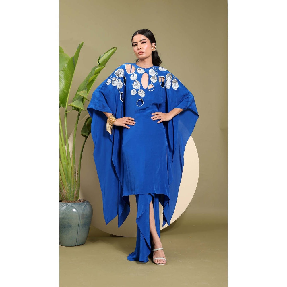 EK Soot Electric Blue Embroidered Kaftan Style Kurta with Inner and Skirt (Set of 3)