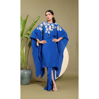 EK Soot Electric Blue Embroidered Kaftan Style Kurta with Inner and Skirt (Set of 3)