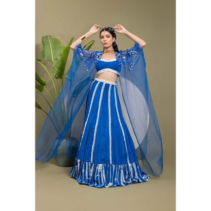 EK Soot Electric Blue Embroidered Blouse with Lehenga and Cape (Set of 3)