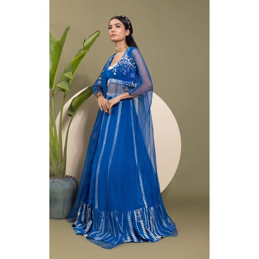 EK Soot Electric Blue Embroidered Blouse with Lehenga and Cape (Set of 3)