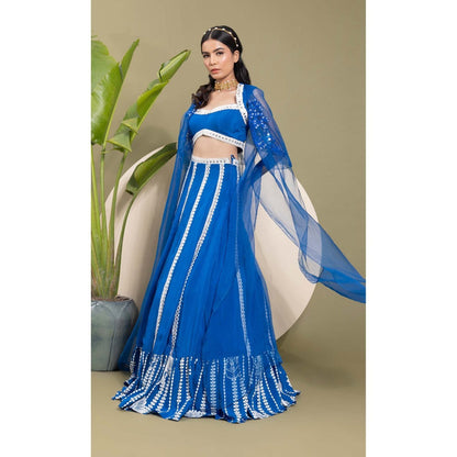 EK Soot Electric Blue Embroidered Blouse with Lehenga and Cape (Set of 3)