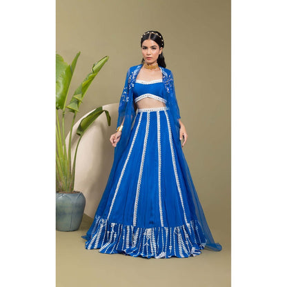 EK Soot Electric Blue Embroidered Blouse with Lehenga and Cape (Set of 3)