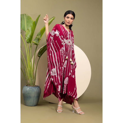 EK Soot Wine Printed Embroidered Kaftan and Dhoti (Set of 2)