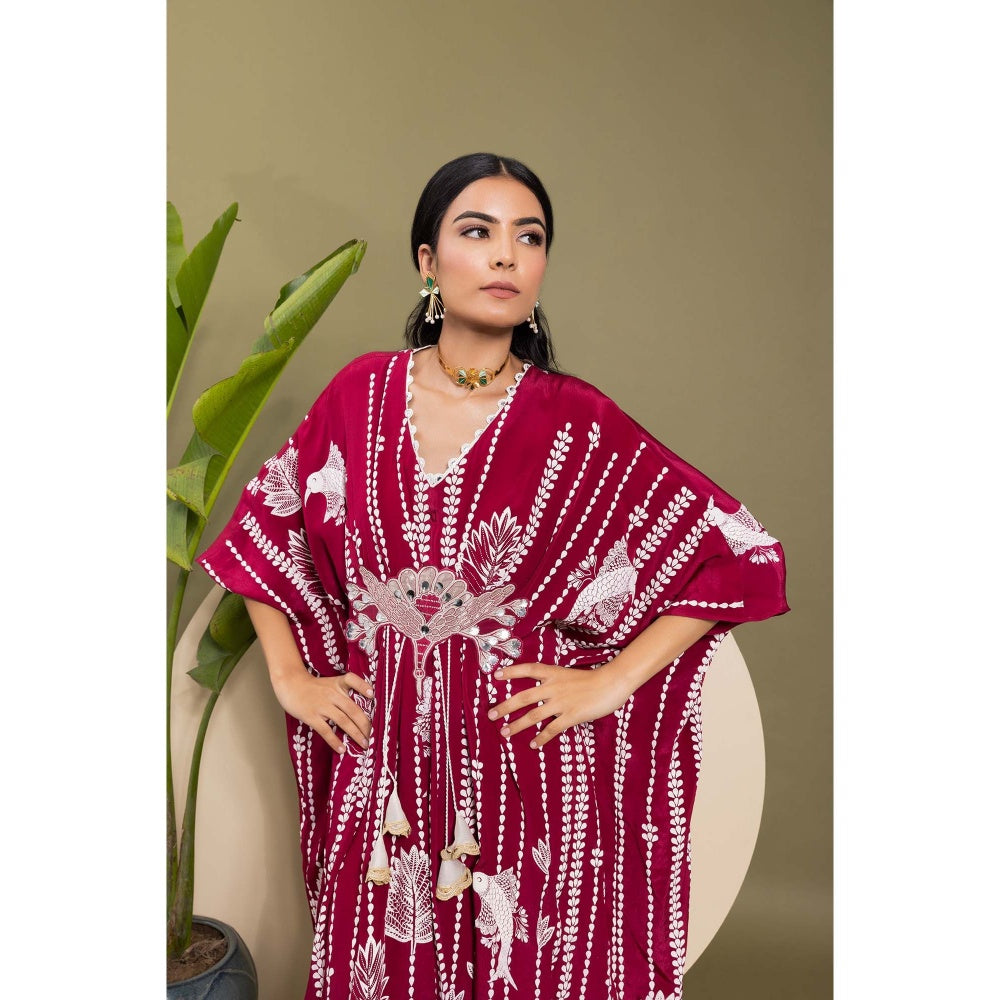 EK Soot Wine Printed Embroidered Kaftan and Dhoti (Set of 2)
