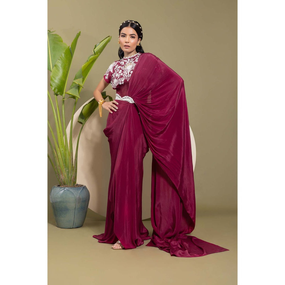 EK Soot Wine Embroidered Pre Draped Saree with Belt and Stitched Blouse