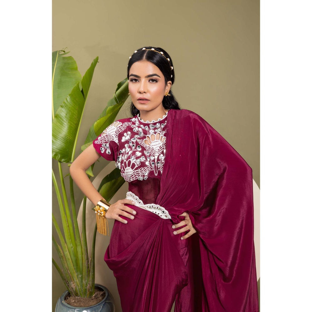 EK Soot Wine Embroidered Pre Draped Saree with Belt and Stitched Blouse