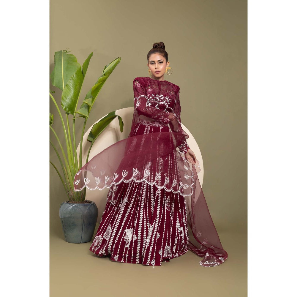 EK Soot Wine Embroidered Blouse with Lehenga and Dupatta (Set of 3)