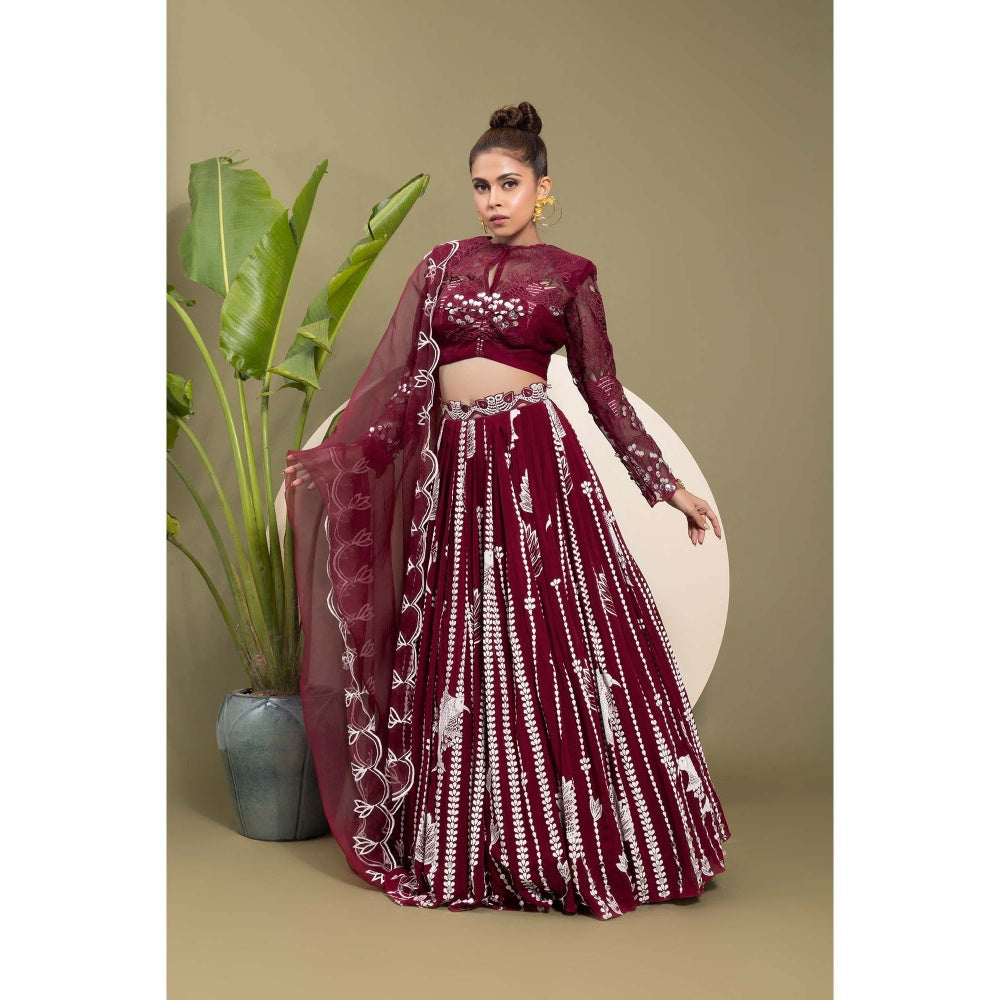 EK Soot Wine Embroidered Blouse with Lehenga and Dupatta (Set of 3)