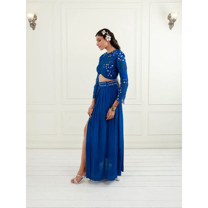EK Soot Electric Blue Embroidered Crop Top and Pleated Slit Skirt (Set of 2)