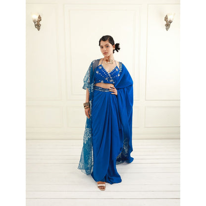 EK Soot Electric Blue Crepe Halter Blouse with Cape and Skirt (Set of 3)