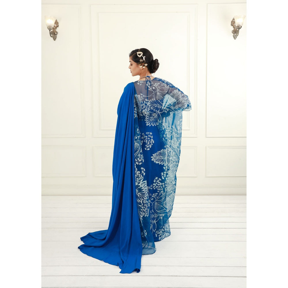 EK Soot Electric Blue Crepe Halter Blouse with Cape and Skirt (Set of 3)