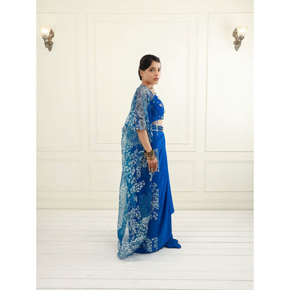 EK Soot Electric Blue Crepe Halter Blouse with Cape and Skirt (Set of 3)