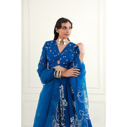 EK Soot Electric Blue Organza Blouse with Skirt and Dupatta (Set of 3)