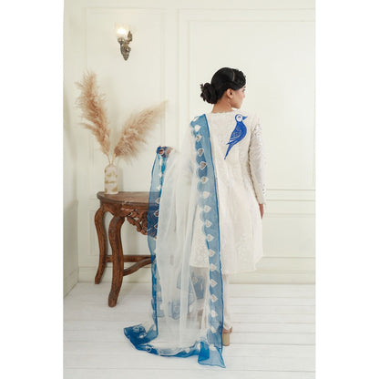 EK Soot White Printed Chanderi Kurta with Dhoti and Embroidered Dupatta (Set of 3)