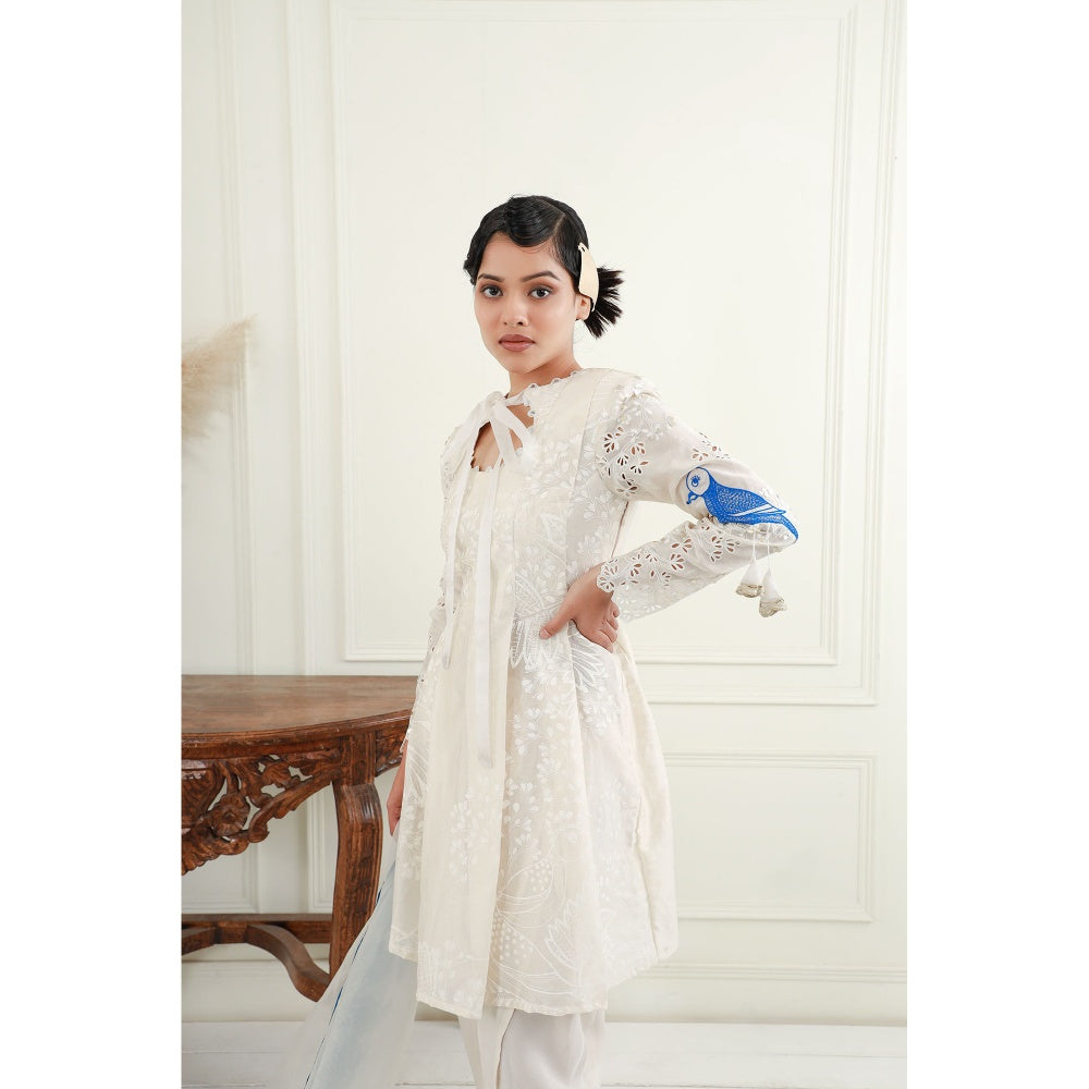 EK Soot White Printed Chanderi Kurta with Dhoti and Embroidered Dupatta (Set of 3)