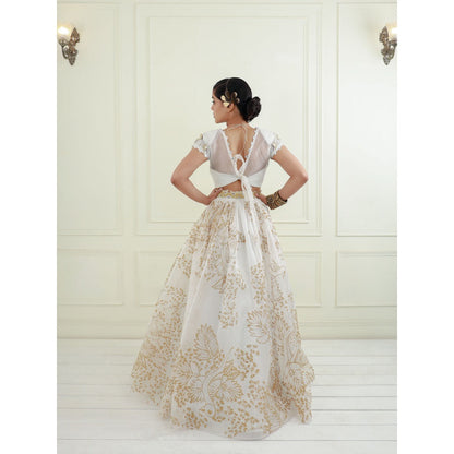 EK Soot White Organza Blouse with Lehenga and Dupatta (Set of 3)