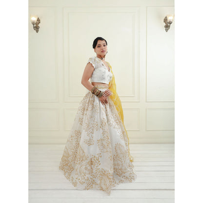 EK Soot White Organza Blouse with Lehenga and Dupatta (Set of 3)