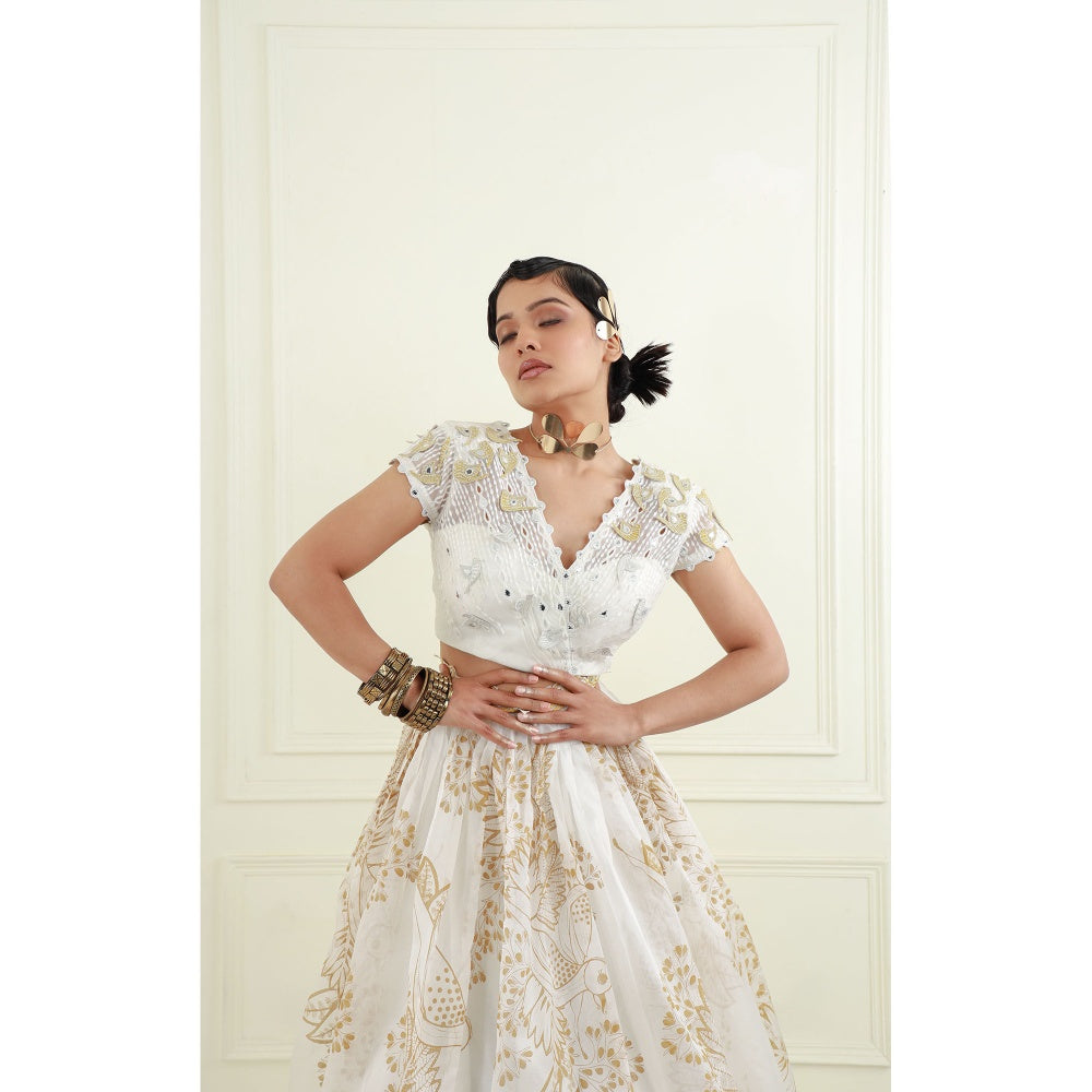 EK Soot White Organza Blouse with Lehenga and Dupatta (Set of 3)