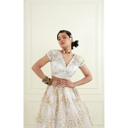 EK Soot White Organza Blouse with Lehenga and Dupatta (Set of 3)