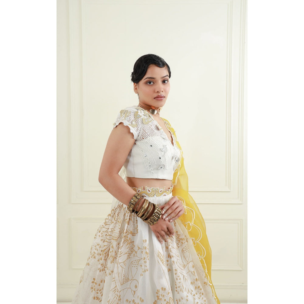 EK Soot White Organza Blouse with Lehenga and Dupatta (Set of 3)