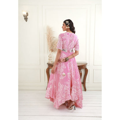 EK Soot Rose Pink Printed Crepe Asymmetric Dress and Embroidered Belt (Set of 2)