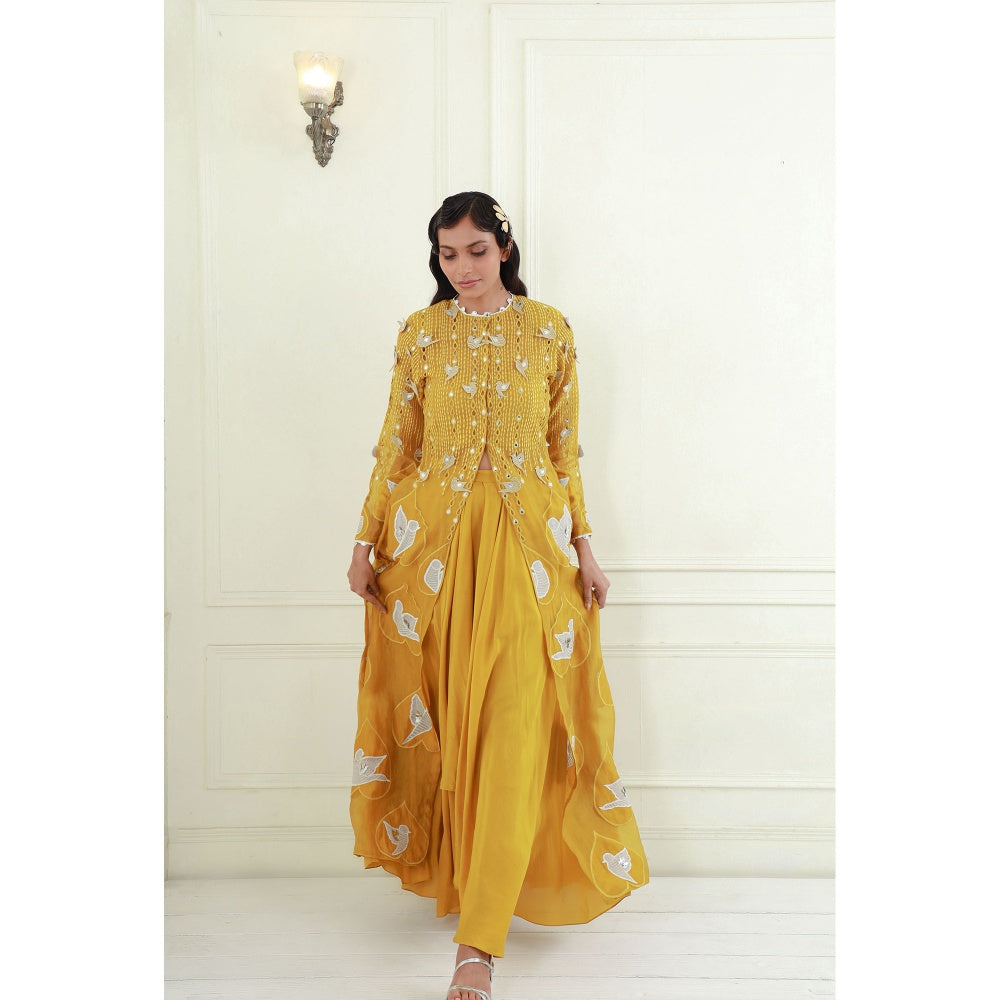 EK Soot Yellow Embroidered Jacket with Blouse and Silk Draped Skirt (Set of 3)