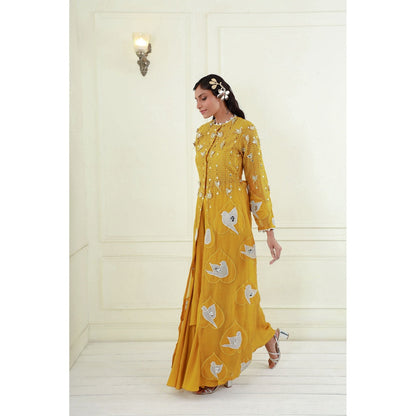 EK Soot Yellow Embroidered Jacket with Blouse and Silk Draped Skirt (Set of 3)