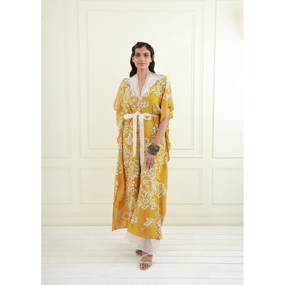 EK Soot Yellow Printed Silk Embroidered Jumpsuit