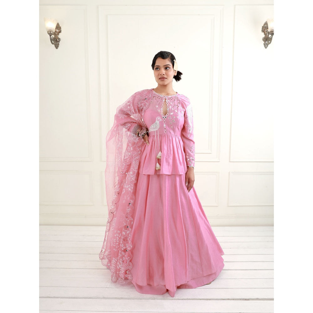 EK Soot Rose Pink Chanderi Peplum Top with Skirt and Dupatta (Set of 3)