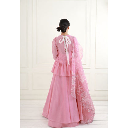 EK Soot Rose Pink Chanderi Peplum Top with Skirt and Dupatta (Set of 3)