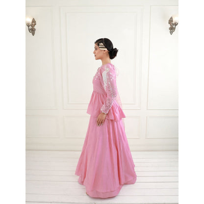 EK Soot Rose Pink Chanderi Peplum Top with Skirt and Dupatta (Set of 3)