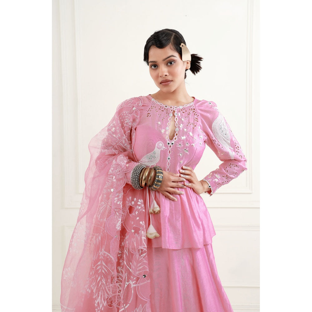 EK Soot Rose Pink Chanderi Peplum Top with Skirt and Dupatta (Set of 3)
