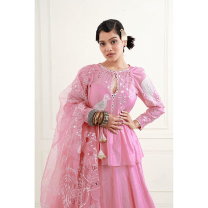 EK Soot Rose Pink Chanderi Peplum Top with Skirt and Dupatta (Set of 3)