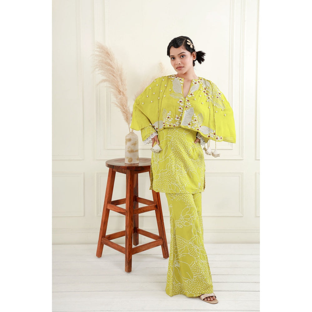 EK Soot Yellow Crepe Embroidered Short Kurta and Flared Pant (Set of 2)
