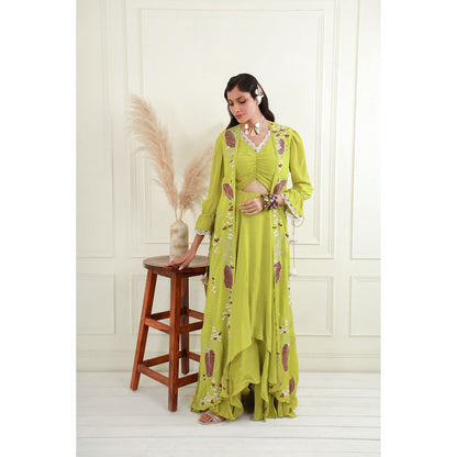 EK Soot Green Lime Embroidered Jacket with Asymmetric Dress (Set of 2)