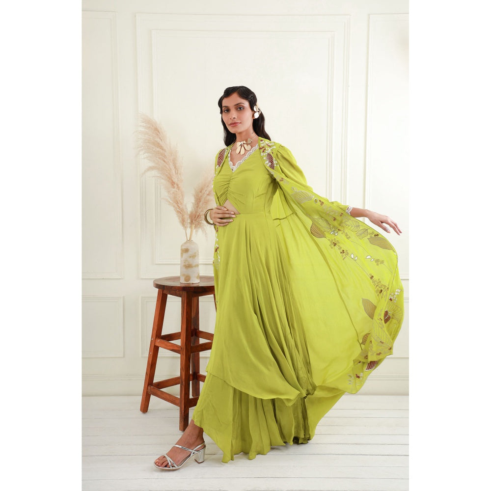 EK Soot Green Lime Embroidered Jacket with Asymmetric Dress (Set of 2)