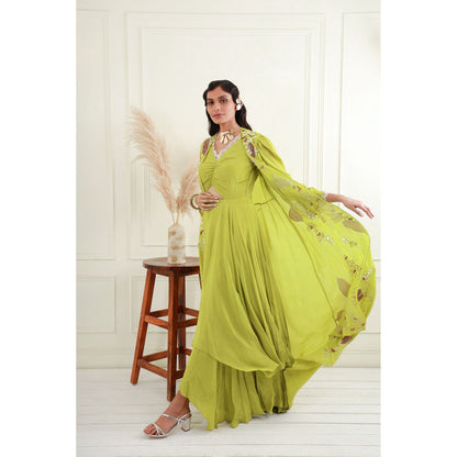 EK Soot Green Lime Embroidered Jacket with Asymmetric Dress (Set of 2)